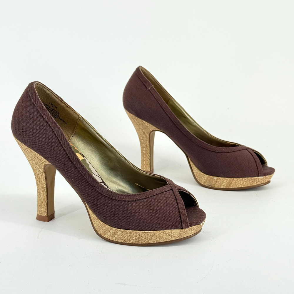Vtg Y2K Madden Girl Peep Toe Heels Lakita Brown Wedge Size 7 Retro Fabric